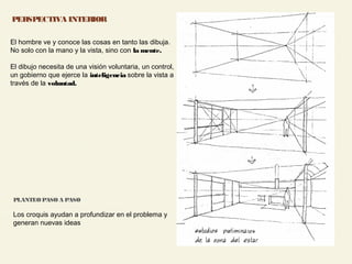 32
PERSPECTIVA INTERIOR
El hombre ve y conoce las cosas en tanto las dibuja.
No solo con la mano y la vista, sino con la mente.
El dibujo necesita de una visión voluntaria, un control,
un gobierno que ejerce la inteligencia sobre la vista a
través de la voluntad.
PLANTEO PASO A PASO
Los croquis ayudan a profundizar en el problema y
generan nuevas ideas
 