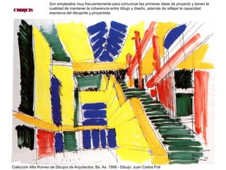 38
CROQUISCROQUIS
Son empleados muy frecuentemente para comunicar las primeras ideas de proyecto y tienen la
cualidad de mantener la coherencia entre dibujo y diseño, además de reflejar la capacidad
expresiva del dibujante y proyectista.
Colección Alfa Romeo de Dibujos de Arquitectos; Bs. As. 1998 - Dibujo: Juan Carlos Poli
 