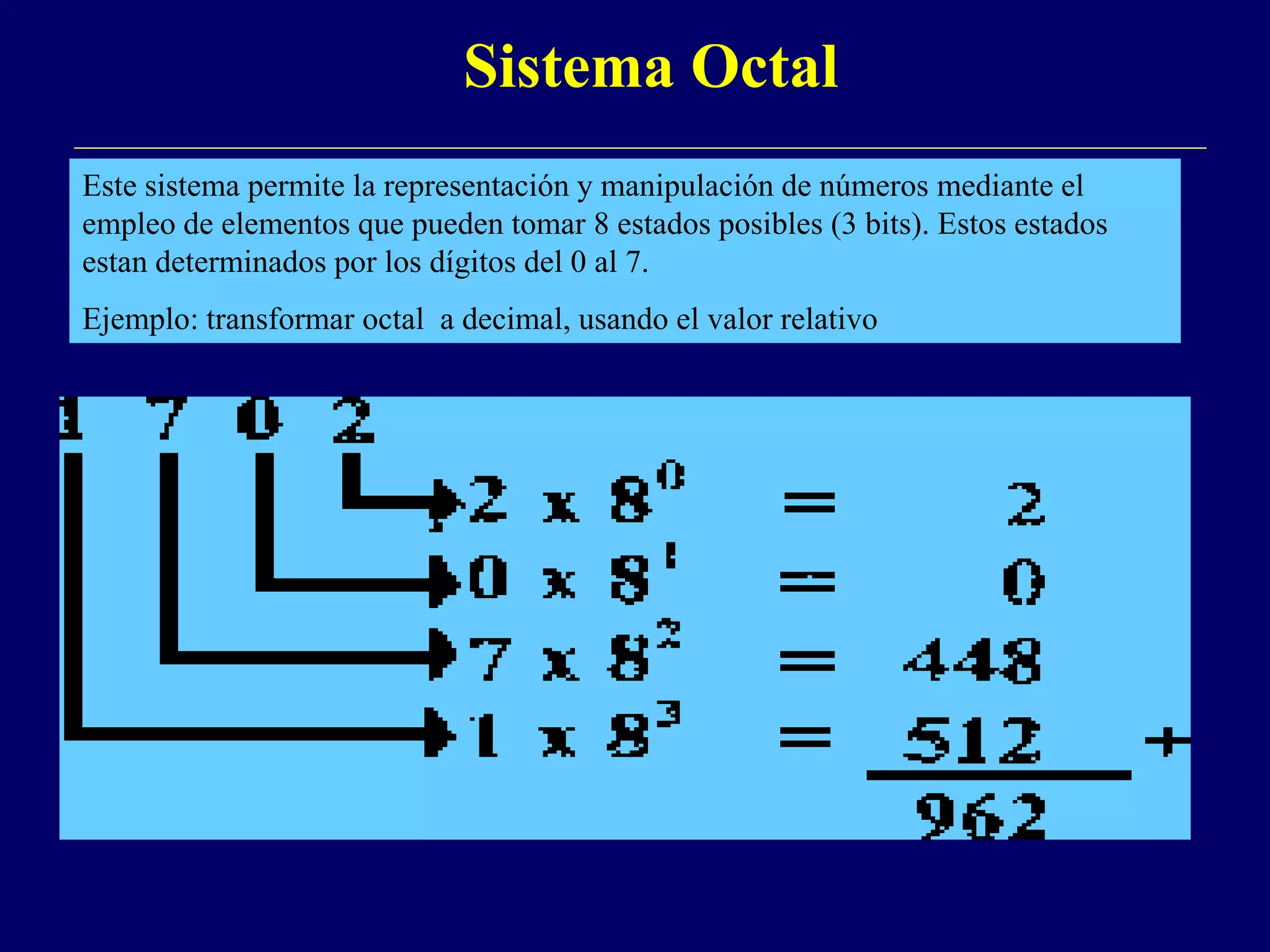 Sistema Octal
Este sistema permite la representación y manipulación de números mediante el
empleo de elementos que pueden tomar 8 estados posibles (3 bits). Estos estados
estan determinados por los dígitos del 0 al 7.
Ejemplo: transformar octal a decimal, usando el valor relativo
 