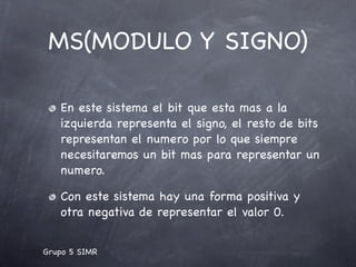 MS(MODULO Y SIGNO)

   En este sistema el bit que esta mas a la
   izquierda representa el signo, el resto de bits
   representan el numero por lo que siempre
   necesitaremos un bit mas para representar un
   numero.

   Con este sistema hay una forma positiva y
   otra negativa de representar el valor 0.


Grupo 5 SIMR
 