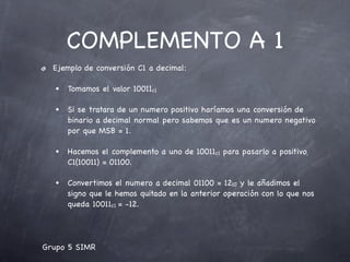 COMPLEMENTO A 1
  Ejemplo de conversión C1 a decimal:

   •   Tomamos el valor 10011c1

   •   Si se tratara de un numero positivo haríamos una conversión de
       binario a decimal normal pero sabemos que es un numero negativo
       por que MSB = 1.

   •   Hacemos el complemento a uno de 10011c1 para pasarlo a positivo,
       C1(10011) = 01100.

   •   Convertimos el numero a decimal 01100 = 1210 y le añadimos el
       signo que le hemos quitado en la anterior operación con lo que nos
       queda 10011c1 = -12.




Grupo 5 SIMR
 