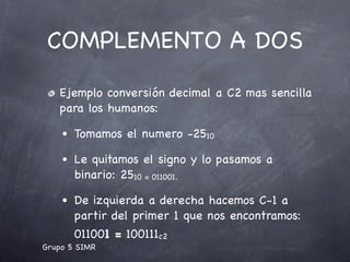 COMPLEMENTO A DOS
   Ejemplo conversión decimal a C2 mas sencilla
   para los humanos:

    •   Tomamos el numero -2510

    •   Le quitamos el signo y lo pasamos a
        binario: 2510 = 011001.

    •   De izquierda a derecha hacemos C-1 a
        partir del primer 1 que nos encontramos:
        011001 = 100111c2
Grupo 5 SIMR
 