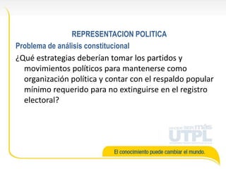 REPRESENTACION POLITICA
Problema de análisis constitucional
¿Qué estrategias deberían tomar los partidos y
movimientos políticos para mantenerse como
organización política y contar con el respaldo popular
mínimo requerido para no extinguirse en el registro
electoral?
 