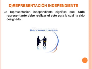 D)REPRESENTACIÓN INDEPENDIENTE
La representación independiente significa que cada
representante debe realizar el acto para la cual ha sido
designado.
 