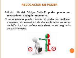 REVOCACIÓN DE PODER
Artículo 149 del Código Civil.- El poder puede ser
revocado en cualquier momento.
El representado puede revocar el poder en cualquier
momento, sin necesidad de dar explicación sobre su
decisión. La Ley confiere este derecho en resguardo
de sus intereses.
 