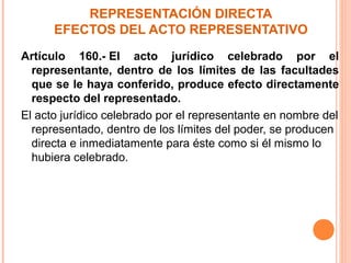 REPRESENTACIÓN DIRECTA
EFECTOS DEL ACTO REPRESENTATIVO
Artículo 160.- El acto jurídico celebrado por el
representante, dentro de los límites de las facultades
que se le haya conferido, produce efecto directamente
respecto del representado.
El acto jurídico celebrado por el representante en nombre del
representado, dentro de los límites del poder, se producen
directa e inmediatamente para éste como si él mismo lo
hubiera celebrado.
 