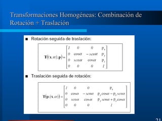 Transformaciones Homogéneas: Combinación deTransformaciones Homogéneas: Combinación de
Rotación + TraslaciónRotación + Traslación
21
 