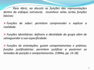 19
Para Abric, ao discutir as funções das representações
dentro do enfoque estrutural, reconhece nelas certas funções
básicas:
 Funções de saber: permitem compreender e explicar a
realidade.
 Funções identitárias: definem a identidade do grupo além de
salvaguardar a sua especificidade.
 Funções de orientações: guiam comportamentos e práticas;
funções justificatórias: permitem justificar a posteriori as
tomadas de posição e comportamentos. (1994a, pp. 15-18)
 