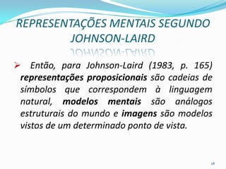 REPRESENTAÇÕES MENTAIS SEGUNDO
JOHNSON-LAIRD
 Então, para Johnson-Laird (1983, p. 165)
representações proposicionais são cadeias de
símbolos que correspondem à linguagem
natural, modelos mentais são análogos
estruturais do mundo e imagens são modelos
vistos de um determinado ponto de vista.
28
 
