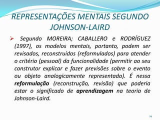 REPRESENTAÇÕES MENTAIS SEGUNDO
JOHNSON-LAIRD
 Segundo MOREIRA; CABALLERO e RODRÍGUEZ
(1997), os modelos mentais, portanto, podem ser
revisados, reconstruídos (reformulados) para atender
o critério (pessoal) da funcionalidade (permitir ao seu
construtor explicar e fazer previsões sobre o evento
ou objeto analogicamente representado). É nessa
reformulação (reconstrução, revisão) que poderia
estar o significado de aprendizagem na teoria de
Johnson-Laird.
29
 