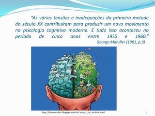 “As várias tensões e inadequações da primeira metade
do século XX contribuíram para produzir um novo movimento
na psicologia cognitiva moderna. E tudo isso aconteceu no
período de cinco anos entre 1955 e 1960.”
George Mandler (1981, p.9)
http://domescobar.blogspot.com.br/2009_11_01_archive.html 7
 