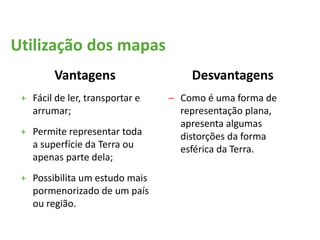 Vantagens
+ Fácil de ler, transportar e
arrumar;
+ Permite representar toda
a superfície da Terra ou
apenas parte dela;
+ Possibilita um estudo mais
pormenorizado de um país
ou região.
Utilização dos mapas
Desvantagens
‒ Como é uma forma de
representação plana,
apresenta algumas
distorções da forma
esférica da Terra.
 