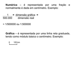 Numérica – é representada por uma fração e
normalmente é dada em centímetro. Exemplo:
1 = dimensão gráfica =
500.000 dimensão real
= 1/500000 ou 1:500000
Gráfica – é representada por uma linha reta graduada,
tendo como módulo básico o centímetro. Exemplo:
0 120 km
 