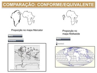 COMPARAÇÃO: CONFORME/EQUIVALENTE
Proporção no mapa Mercator Proporção no
mapa Mollweide
 