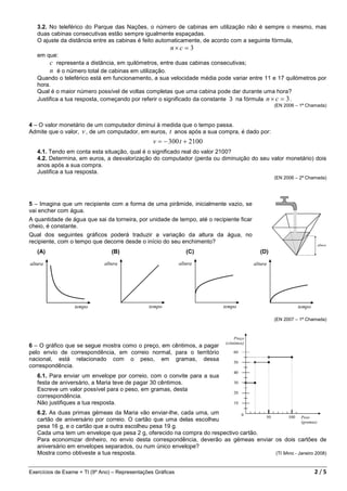 3.2. No teleférico do Parque das Nações, o número de cabinas em utilização não é sempre o mesmo, mas
   duas cabinas consecutivas estão sempre igualmente espaçadas.
   O ajuste da distância entre as cabinas é feito automaticamente, de acordo com a seguinte fórmula,
                                                         n×c = 3
   em que:
        c representa a distância, em quilómetros, entre duas cabinas consecutivas;
        n é o número total de cabinas em utilização.
   Quando o teleférico está em funcionamento, a sua velocidade média pode variar entre 11 e 17 quilómetros por
   hora.
   Qual é o maior número possível de voltas completas que uma cabina pode dar durante uma hora?
   Justifica a tua resposta, começando por referir o significado da constante 3 na fórmula n × c = 3 .
                                                                                               (EN 2006 – 1ª Chamada)



4 – O valor monetário de um computador diminui à medida que o tempo passa.
Admite que o valor, v , de um computador, em euros, t anos após a sua compra, é dado por:
                                                  v = − 300 t + 2100
   4.1. Tendo em conta esta situação, qual é o significado real do valor 2100?
   4.2. Determina, em euros, a desvalorização do computador (perda ou diminuição do seu valor monetário) dois
   anos após a sua compra.
   Justifica a tua resposta.
                                                                                               (EN 2006 – 2ª Chamada)




5 – Imagina que um recipiente com a forma de uma pirâmide, inicialmente vazio, se
vai encher com água.
A quantidade de água que sai da torneira, por unidade de tempo, até o recipiente ficar
cheio, é constante.
Qual dos seguintes gráficos poderá traduzir a variação da altura da água, no
recipiente, com o tempo que decorre desde o início do seu enchimento?
   (A)                           (B)                          (C)                        (D)




                                                                                               (EN 2007 – 1ª Chamada)




6 – O gráfico que se segue mostra como o preço, em cêntimos, a pagar
pelo envio de correspondência, em correio normal, para o território
nacional, está relacionado com o peso, em gramas, dessa
correspondência.
   6.1. Para enviar um envelope por correio, com o convite para a sua
   festa de aniversário, a Maria teve de pagar 30 cêntimos.
   Escreve um valor possível para o peso, em gramas, desta
   correspondência.
   Não justifiques a tua resposta.
   6.2. As duas primas gémeas da Maria vão enviar-lhe, cada uma, um
   cartão de aniversário por correio. O cartão que uma delas escolheu
   pesa 16 g, e o cartão que a outra escolheu pesa 19 g.
   Cada uma tem um envelope que pesa 2 g, oferecido na compra do respectivo cartão.
   Para economizar dinheiro, no envio desta correspondência, deverão as gémeas enviar os dois cartões de
   aniversário em envelopes separados, ou num único envelope?
   Mostra como obtiveste a tua resposta.                                              (TI 9Ano - Janeiro 2008)



Exercícios de Exame + TI (9º Ano) – Representações Gráficas                                                    2/5
 