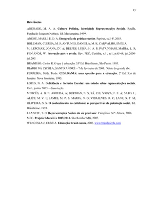 15
Referências
ANDRADE, M. A. A. Cultura Política, Identidade Representações Sociais. Recife,
Fundação Joaquim Nabuco, Ed. Massangana, 1999.
ANDRÉ, MARLI, E. D. A. Etnografia da prática escolar. Papirus, ed.14ª, 2003.
BOLLMAN, CLEUSA, M. S; ANTUNES, DANIELA, M. K; CARVALHO, EMÍLIA,
M; LEPCHAK, JOANA, D’. A; DELFES, LUISA, H. A. P; PATRINHANI, MARIA, L. S;
FENIANOS, W. Interação pais e escola. Rev. PEC, Curitiba, v.1., n.1, p.65-68, jul.2000-
jul.2001
BRANDÃO. Carlos R. O que é educação, 33ª Ed. Brasiliense, São Paulo. 1995.
DIÁRIO NA ESCOLA, SANTO ANDRÉ – 7 de fevereiro de 2003. Diário do grande abc.
FERREIRA, Nilda Tevês. CIDADANIA: uma questão para a educação. 2ª Ed. Rio de
Janeiro: Nova Fronteira, 1993.
LOPES, N. A. Deficiência e Inclusão Escolar: um estudo sobre representações sociais.
UnB, junho/ 2005 – dissertação.
MERCÊS, A. B. B; ARRUDA, A; BURIHAN, B. S; SÁ, C.B; SOUZA, F. E. A; SATO, L;
ALICE, M. V. L; JAMES, M. P. S; MARIA, N. G; VIERALVES, R. C; LANE, S. T. M;
OLIVEIRA, S. S. O conhecimento no cotidiano: as perspectivas da psicologia social, Ed.
Brasiliense, 1993.
LEANETE, T. D. Representações Sociais do ser professor. Campinas: S.P: Alínea, 2006.
MEC. Projeto Educativo 2007/2010. São Romão/ MG, 2007.
WENCESLAU, CUNHA. Educação Brasil escola, 2006. www.brasilescola.com
 