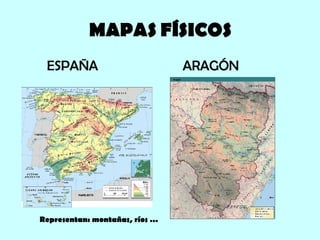 MAPAS FÍSICOS ESPAÑA  ARAGÓN Representan: montañas, ríos … 