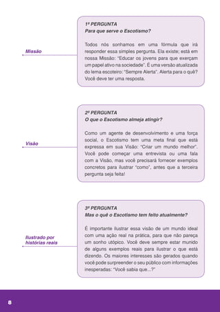1ª PERGUNTA
Para que serve o Escotismo?
Todos nós sonhamos em uma fórmula que irá
responder essa simples pergunta. Ela existe; está em
nossa Missão: “Educar os jovens para que exerçam
um papel ativo na sociedade”. É uma versão atualizada
do lema escoteiro: “Sempre Alerta”. Alerta para o quê?
Você deve ter uma resposta.
2º PERGUNTA
O que o Escotismo almeja atingir?
Como um agente de desenvolvimento e uma força
social, o Escotismo tem uma meta final que está
expressa em sua Visão: “Criar um mundo melhor”.
Você pode começar uma entrevista ou uma fala
com a Visão, mas você precisará fornecer exemplos
concretos para ilustrar “como”, antes que a terceira
pergunta seja feita!
3ª PERGUNTA
Mas o quê o Escotismo tem feito atualmente?
É importante ilustrar essa visão de um mundo ideal
com uma ação real na prática, para que não pareça
um sonho utópico. Você deve sempre estar munido
de alguns exemplos reais para ilustrar o que está
dizendo. Os maiores interesses são gerados quando
você pode surpreender o seu público com informações
inesperadas: “Você sabia que...?”
Missão
Visão
Ilustrado por
histórias reais
8
 