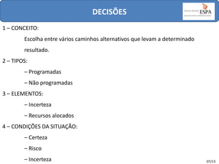 DECISÕES
1 – CONCEITO:
Escolha entre vários caminhos alternativos que levam a determinado
resultado.

2 – TIPOS:
– Programadas
– Não programadas

3 – ELEMENTOS:
– Incerteza
– Recursos alocados
4 – CONDIÇÕES DA SITUAÇÃO:
– Certeza
– Risco
– Incerteza

07/13

 