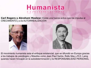 Carl Rogers y Abraham Maslow: Existe una fuerza activa que los impulsa al
CRECIMIENTO y a la AUTORREALIZACION




El movimiento humanista esta el enfoque existencial, que se difundió en Europa gracias
a los trabajos de psicólogos y filósofos como Jean Paul Sartre, Rollo May y R.D. Laing
quienes hacen hincapié en la autodeterminación y la RESPONSABILIDAD PERSONAL
 