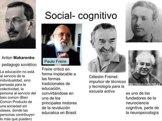 Social- cognitivo pedagogo soviético Anton  Makarenko   La educación no está al servicio de la individualidad, sino pensada para la colectividad, la persona al servicio del bien común (Bien Común Producto de una sociedad sin clases, donde las personas contribuyen lo más que pueden)  Paulo Freire  Freire criticó en forma implacable a las formas tradicionales de educación, convirtiéndose en uno de los principales motores de la revolución educatica en Brasil.  Célestin Freinet: impulsor de técnicas y tecnología para la escuela activa   es uno de los fundadores de la neurociencia cognitiva, parte de la neuropsicología  