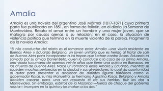 Amalia
Amalia es una novela del argentino José Mármol (1817-1871) cuya primera
parte fue publicada en 1851, en forma de folletín, en el diario La Semana de
Montevideo. Relata el amor entre un hombre y una mujer joven, que se
malogra por causas ajenas a su relación; en el caso, la situación de
violencia política que termina en la muerte violenta de la pareja. Fragmento
de la novela Amalia:
“El hilo conductor del relato es el romance entre Amalia –una viuda residente en
Buenos Aires- y Eduardo Belgrano, un joven unitario que es herido al tratar de salir
de Buenos Aires para incorporarse a las tropas que luchan contra Rosas. Eduardo es
salvado por su amigo Daniel Bello, quien lo conduce a la casa de su prima Amalia,
una viuda tucumana de apenas veinte años que tiene una quinta en Barracas, en
las afueras de Buenos Aires. Nace un romance entre Amalia y Eduardo, mientras se
suceden muchas peripecias en la ciudad y sus alrededores, lo cual da oportunidad
al autor para presentar el accionar de distintas figuras históricas como el
gobernador Rosas, su hija Manuelita, su hermana Agustina Rosas, Belgrano y Amalia
deciden casarse para, una vez repuesto él de sus heridas, huir los dos a
Montevideo. Sin embargo, esbirros de la Mazorca —fuerza de choque del gobierno
rosista— irrumpen en la quinta y los matan a los dos.”
 