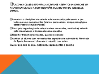 ☺DEIXAR A CLASSE INFORMADA SOBRE OS ASSUNTOS DISCUTIDOS EM
ATENDIMENTOS COM A COORDENAÇÃO, QUANDO FOR DE INTERESSE
COMUM.
☺Incentivar a disciplina em sala de aula e o respeito pela escola e por
todos os seus componentes (alunos, professores, equipe pedagógica,
colaboradores e funcionários)
☺Zelar pela organização da sala (carteiras arrumadas, ventilador), zelando
pela conservação e limpeza da sala e do pátio
☺Recolher trabalhos/atividades, quando solicitado
☺Auxiliar os alunos com necessidades especiais na ausência do Professor
de Apoio, bem como observar o respeito com estes
☺Zelar pela sala de aula, mobiliário, equipamentos e barulho
 