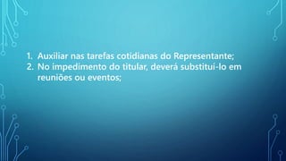 1. Auxiliar nas tarefas cotidianas do Representante;
2. No impedimento do titular, deverá substituí-lo em
reuniões ou eventos;
 