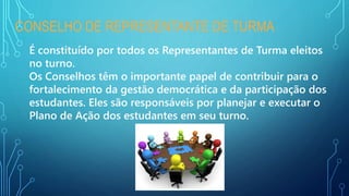 É constituído por todos os Representantes de Turma eleitos
no turno.
Os Conselhos têm o importante papel de contribuir para o
fortalecimento da gestão democrática e da participação dos
estudantes. Eles são responsáveis por planejar e executar o
Plano de Ação dos estudantes em seu turno.
CONSELHO DE REPRESENTANTE DE TURMA
 