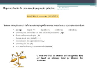 Prof.  Maiquel Vieira  engmaiquel@gmail.comRepresentação de uma reação/equação química:Presta atenção nestas informações que podem estar contidas nas equações químicas:O número total de átomos dos reagentes deve ser igual ao número total de átomos dos produtos