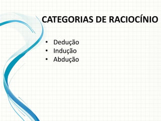 CATEGORIAS DE RACIOCÍNIO
• Dedução
• Indução
• Abdução
 