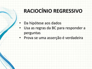 • Da hipótese aos dados
• Usa as regras da BC para responder a
perguntas
• Prova se uma asserção é verdadeira
RACIOCÍNIO REGRESSIVO
 