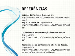 REFERÊNCIAS
Sistemas de Produção. Disponível em:
http://www.din.uem.br/~jmpinhei/SI/07SistemasProduc
ao.pdf
Regras de Produção. Disponível em:
http://200.17.141.213/~gutanunes/hp/IA/aulas_IA/aula6
.ppt
Conhecimento e Representação do Conhecimento.
Disponível em:
http://200.17.141.213/~gutanunes/hp/IA/aulas_IA/aula4
.ppt
Representação do Conhecimento e Redes de Decisão.
Disponível em:
http://200.17.141.213/~gutanunes/hp/MestradoIA/RCon
hecimento/MarceloLadeiraQualifier.pdf
 