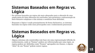 Sistemas Baseados em Regras vs.
Lógica
• Os sistemas baseados em regras são mais adequados para a obtenção de uma
ampla gama de tipos diferentes de conclusões, pois permitem a representação de
fatos bastante complexos e têm sintaxe e semântica bem definidas.
• Enquanto a lógica é usada principalmente de forma declarativa, os sistemas
baseados em regras estão mais preocupados com o conhecimento processual.
Sistemas Baseados em Regras vs.
Lógica
• Alguns sistemas são construídos com base em uma representação híbrida do
conhecimento, onde os “frames” podem ser referenciados por uma regra, as
regras podem ser definidas como “frames” agrupados em classes, e alguns
“slots” de um “frame” podem conter regras.
15
 