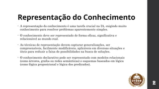 Representação do Conhecimento
• A representação do conhecimento é uma tarefa crucial na IA, exigindo muito
conhecimento para resolver problemas aparentemente simples.
• O conhecimento deve ser representado de forma eficaz, significativa e
relacionável ao mundo real.
• As técnicas de representação devem capturar generalizações, ser
compreensíveis, facilmente modificáveis, aplicáveis em diversas situações e
úteis para reduzir a faixa de possibilidades na busca de soluções.
• O conhecimento declarativo pode ser representado com modelos relacionais
(como árvores, grafos ou redes semânticas) e esquemas baseados em lógica
(como lógica proposicional e lógica dos predicados).
2
 