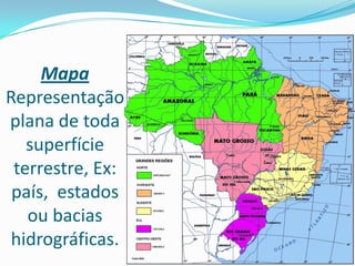 Mapa
Representação
plana de toda
superfície
terrestre, Ex:
país, estados
ou bacias
hidrográficas.