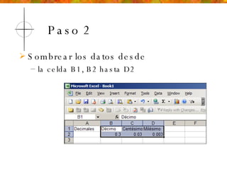 Paso 2 Sombrear los datos desde la celda B1, B2 hasta D2 