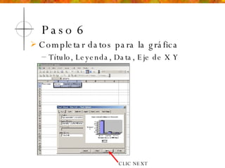 Paso 6 Completar datos para la gráfica Título, Leyenda, Data, Eje de X Y CLIC NEXT 