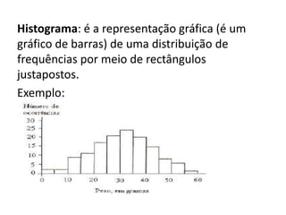 Histograma: é a representação gráfica (é um
gráfico de barras) de uma distribuição de
frequências por meio de rectângulos
justapostos.
Exemplo:
 