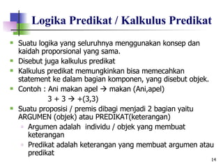 Logika Predikat / Kalkulus Predikat Suatu logika yang seluruhnya menggunakan konsep dan kaidah proporsional yang sama. Disebut juga kalkulus predikat Kalkulus predikat memungkinkan bisa memecahkan statement ke dalam bagian komponen, yang disebut objek. Contoh : Ani makan apel    makan (Ani,apel)   3 + 3    +(3,3) Suatu proposisi / premis dibagi menjadi 2 bagian yaitu ARGUMEN (objek) atau PREDIKAT(keterangan) Argumen adalah  individu / objek yang membuat keterangan Predikat adalah keterangan yang membuat argumen atau predikat 