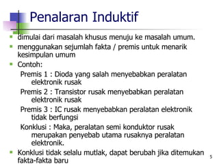 Penalaran Induktif dimulai dari masalah khusus menuju ke masalah umum. menggunakan sejumlah fakta / premis untuk menarik kesimpulan umum  Contoh: Premis 1 : Dioda yang salah menyebabkan peralatan  elektronik rusak Premis 2 : Transistor rusak menyebabkan peralatan  elektronik rusak Premis 3 : IC rusak menyebabkan peralatan elektronik  tidak berfungsi Konklusi : Maka, peralatan semi konduktor rusak  merupakan penyebab utama rusaknya peralatan  elektronik. Konklusi tidak selalu mutlak, dapat berubah jika ditemukan fakta-fakta baru 