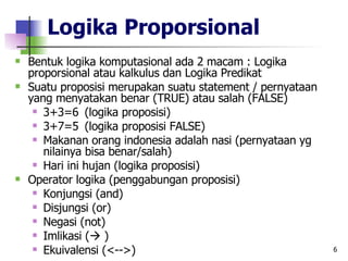 Logika Proporsional Bentuk logika komputasional ada 2 macam : Logika proporsional atau kalkulus dan Logika Predikat Suatu proposisi merupakan suatu statement / pernyataan yang menyatakan benar (TRUE) atau salah (FALSE) 3+3=6 (logika proposisi) 3+7=5 (logika proposisi FALSE) Makanan orang indonesia adalah nasi (pernyataan yg nilainya bisa benar/salah) Hari ini hujan (logika proposisi) Operator logika (penggabungan proposisi) Konjungsi (and) Disjungsi (or) Negasi (not) Imlikasi (   ) Ekuivalensi (<-->) 