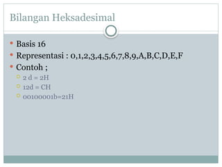 Bilangan Heksadesimal
 Basis 16
 Representasi : 0,1,2,3,4,5,6,7,8,9,A,B,C,D,E,F
 Contoh ;
 2 d = 2H
 12d = CH
 00100001b=21H
 