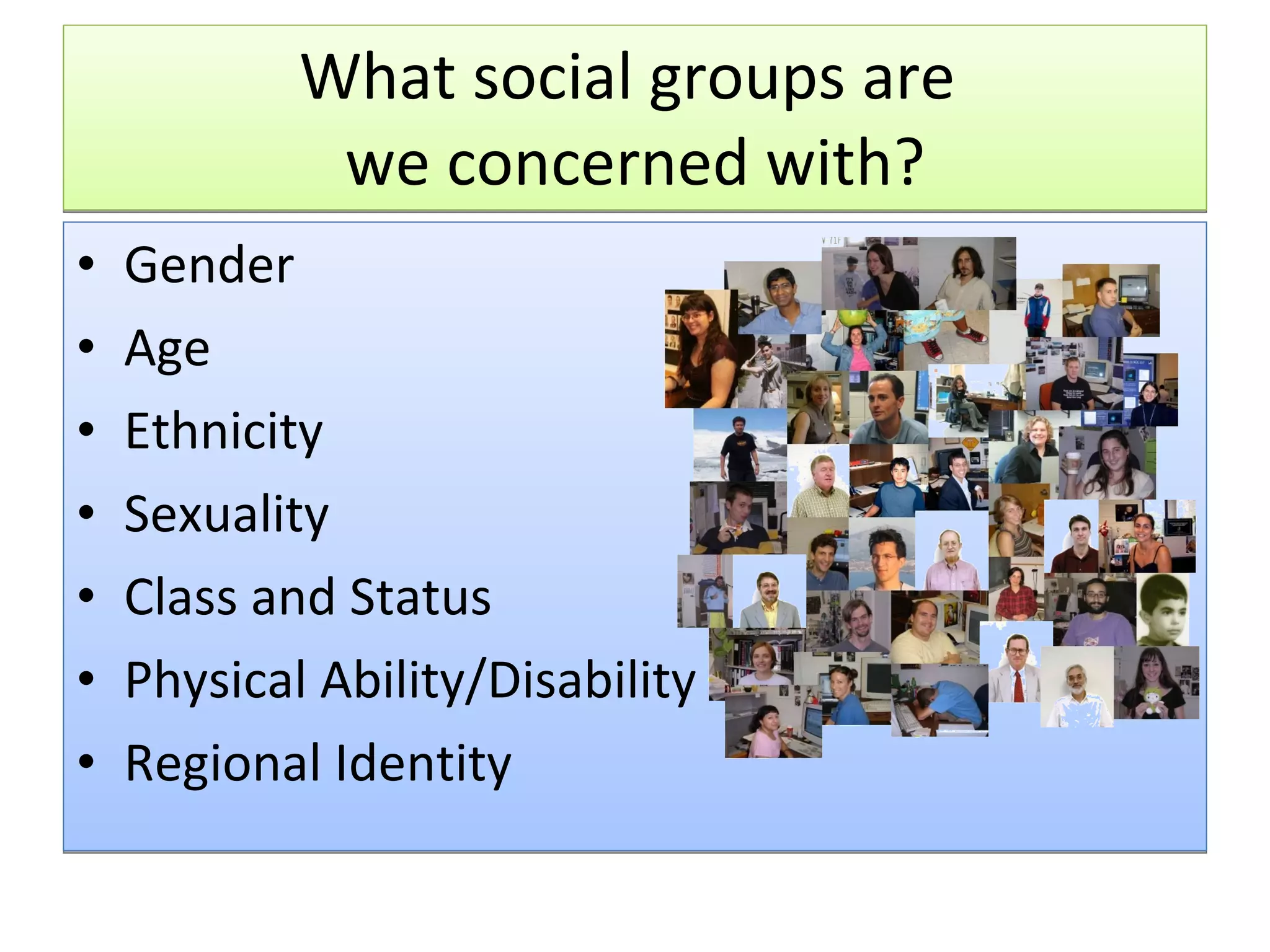 What social groups are  we concerned with? Gender Age Ethnicity Sexuality Class and Status Physical Ability/Disability Regional Identity 