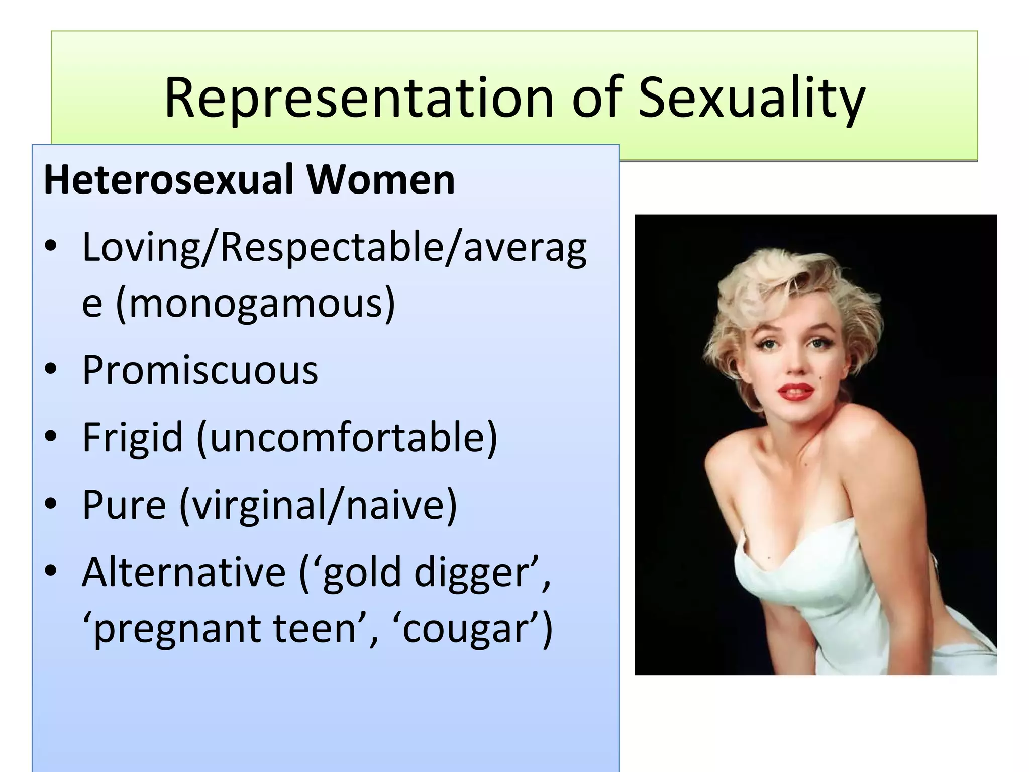 Representation of Sexuality Heterosexual Women Loving/Respectable/average (monogamous) Promiscuous Frigid (uncomfortable) Pure (virginal/naive) Alternative (‘gold digger’, ‘pregnant teen’, ‘cougar’) 