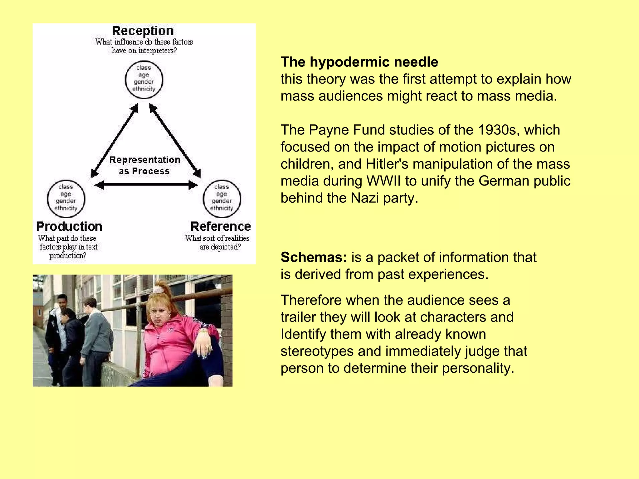 The hypodermic needle  this theory was the first attempt to explain how mass audiences might react to mass media.  The Payne Fund studies of the 1930s, which focused on the impact of motion pictures on children, and Hitler's manipulation of the mass media during WWII to unify the German public behind the Nazi party.  Schemas:  is a packet of information that is derived from past experiences. Therefore when the audience sees a trailer they will look at characters and Identify them with already known stereotypes and immediately judge that person to determine their personality. 