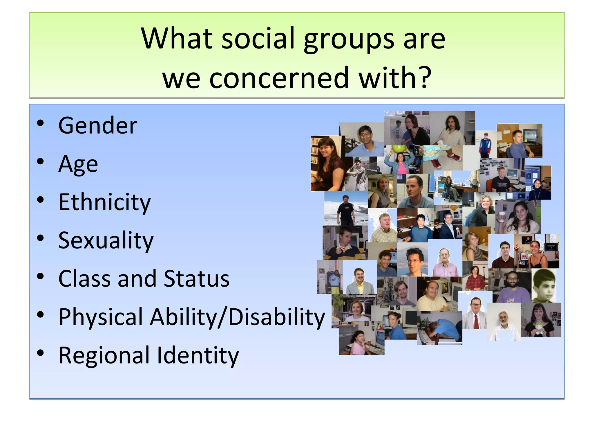What social groups are
we concerned with?
•
•
•
•
•
•
•

Gender
Age
Ethnicity
Sexuality
Class and Status
Physical Ability/Disability
Regional Identity

 