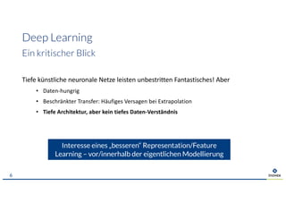 Deep Learning
Ein kritischer Blick
Tiefe künstliche neuronale Netze leisten unbestritten Fantastisches! Aber
• Daten-hungrig
• Beschränkter Transfer: Häufiges Versagen bei Extrapolation
• Tiefe Architektur, aber kein tiefes Daten-Verständnis
6
Interesse eines „besseren“ Representation/Feature
Learning – vor/innerhalb der eigentlichen Modellierung
 