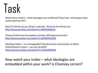 Task
Watch these trailers – what ideologies are reinforced? How have stereotypes been
used to portray this?

Ideal 2.4 family set up, living in suburbia. Threat to the family unit
http://www.youtube.com/watch?v=MRJA3lN0xCQ

Threat of otherness (to western society), defining masculinity?
http://www.youtube.com/watch?v=qDMXkPfxjOc#

Working mother – is it manageable? Should women concentrate on either
motherhood or career – can you do both?
http://www.youtube.com/watch?v=Uv1QsQN78Hk



Now watch your trailer – what ideologies are
embedded within your work? Is Chomsky correct?
 