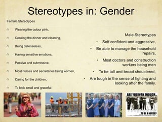 Stereotypes in: Gender
Female Stereotypes
Wearing the colour pink,
Cooking the dinner and cleaning,
Being defenseless,
Having sensitive emotions,
Passive and submissive,
Most nurses and secretaries being women,
Caring for the children,
To look small and graceful
Male Stereotypes
• Self confident and aggressive,
• Be able to manage the household
repairs,
• Most doctors and construction
workers being men
• To be tall and broad shouldered,
• Are tough in the sense of fighting and
looking after the family.
 